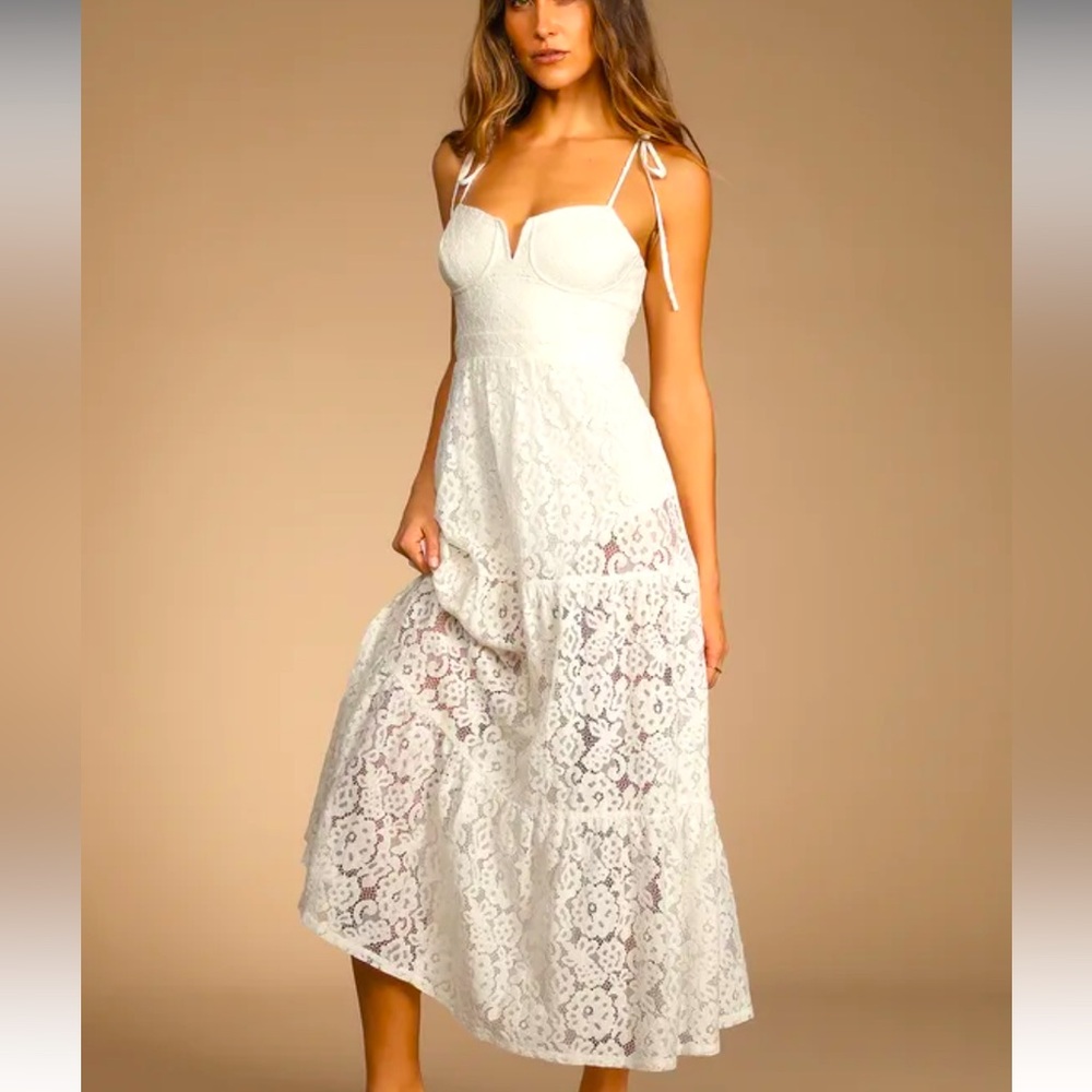 Extra Alluring White Lace Tiered Tie-Strap Midi Bodysuit Dress